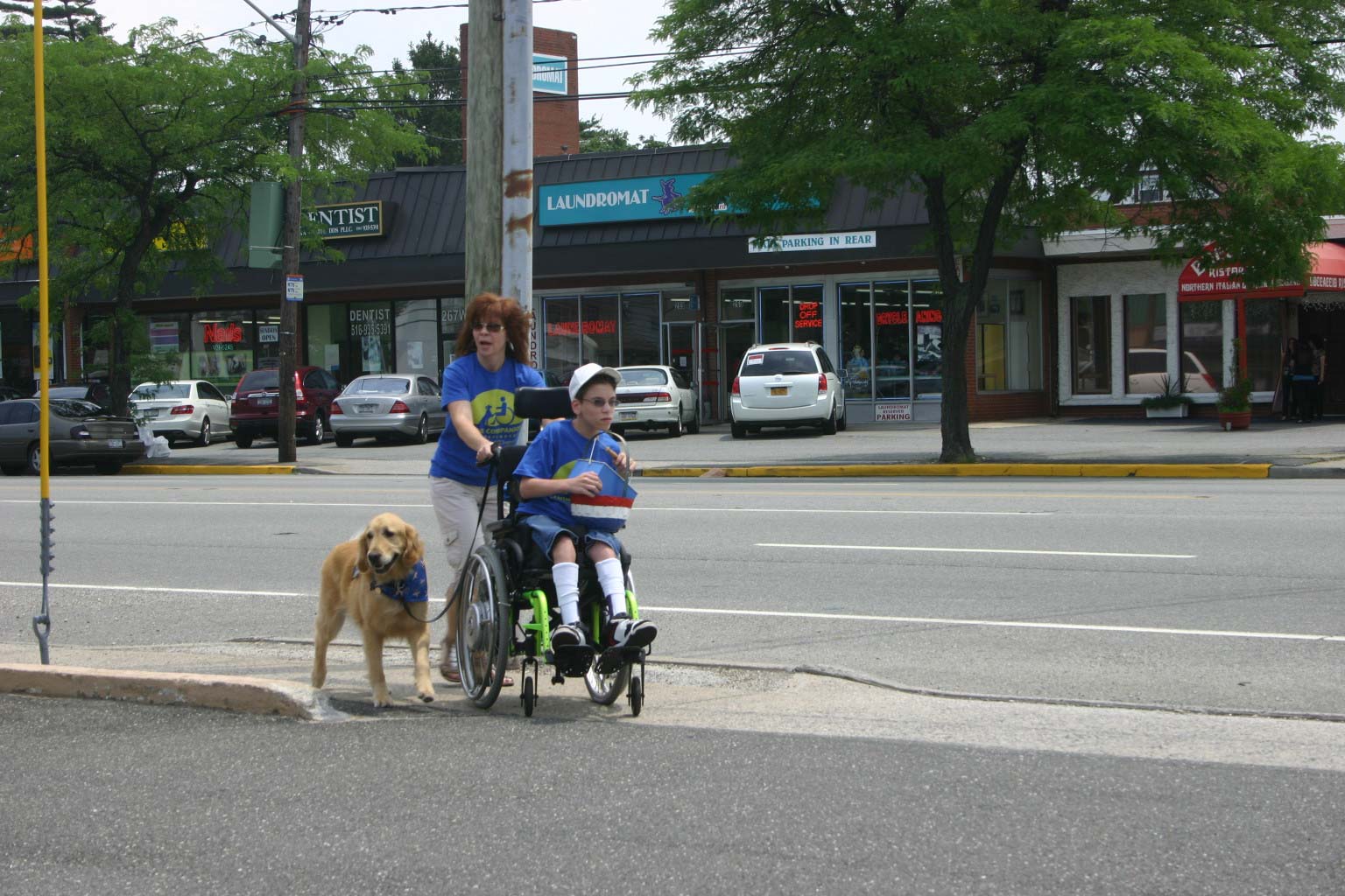 a person pushing a child in a wheelchair with a dog